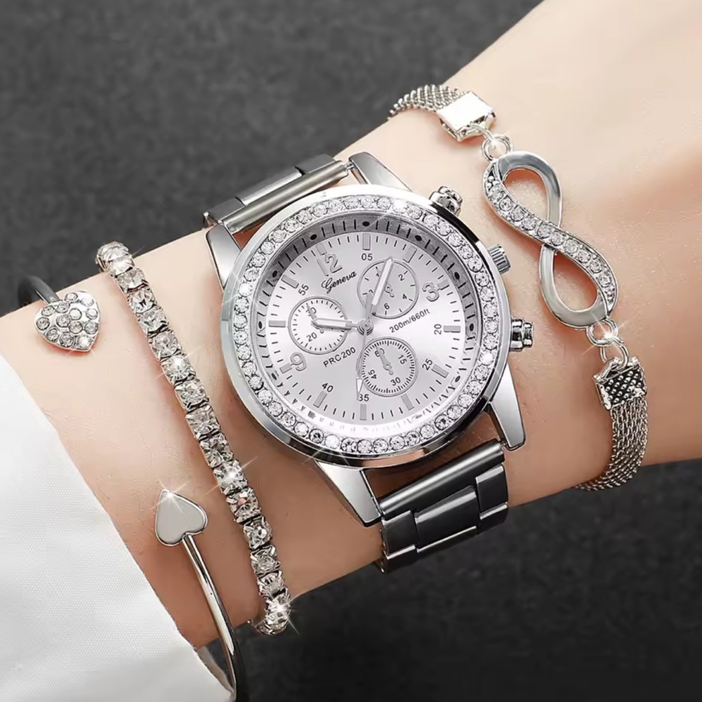 Rhinestone Silver Women’s Watch Bracelet Set Stainless Steel Quartz Jewelry Set